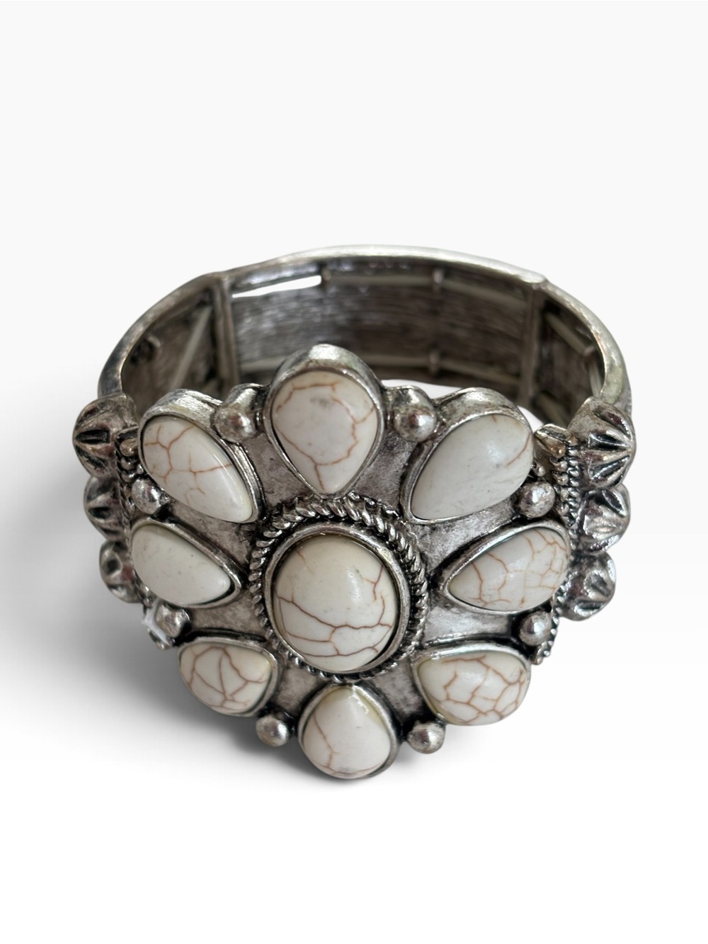 Southwestern Silver-Tone Cuff Bracelet White Stone Concho Cowhide Hair on Hide